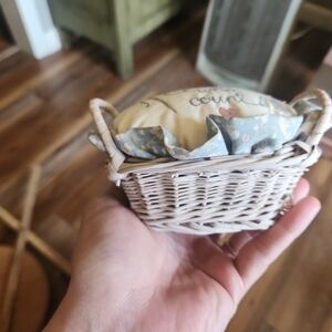 Small Wicker Basket with Floral Fabric Liner and Pincushion
